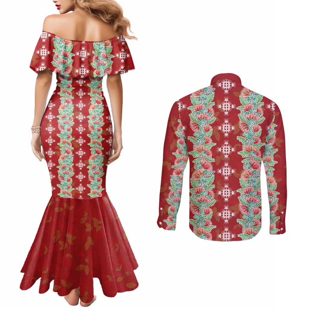 Hawaii Ohia Lehua Couples Matching Mermaid Dress and Long Sleeve Button Shirt Tropical Vibes Crimson