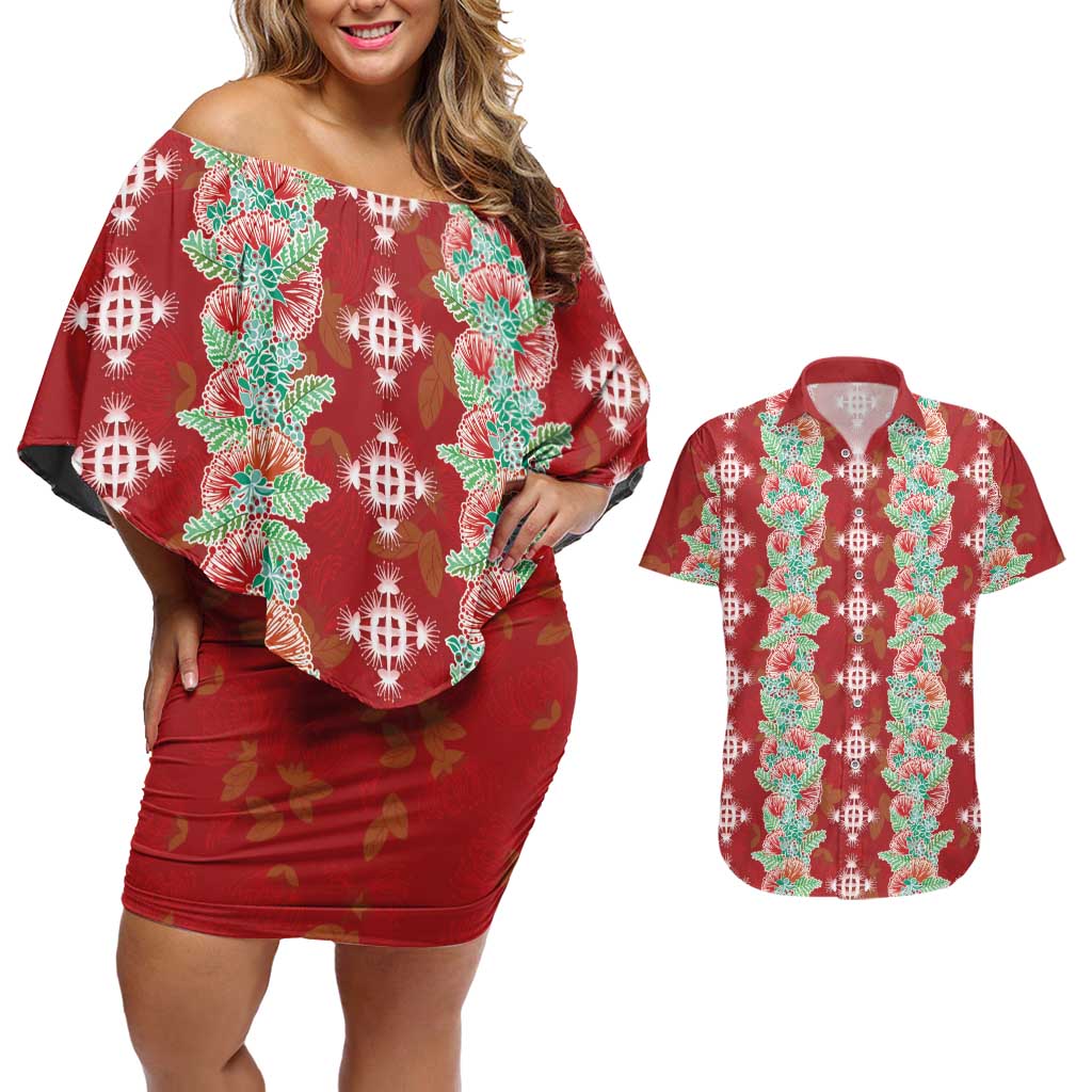 Hawaii Ohia Lehua Couples Matching Off Shoulder Short Dress and Hawaiian Shirt Tropical Vibes Crimson