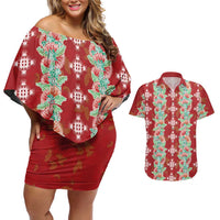 Hawaii Ohia Lehua Couples Matching Off Shoulder Short Dress and Hawaiian Shirt Tropical Vibes Crimson