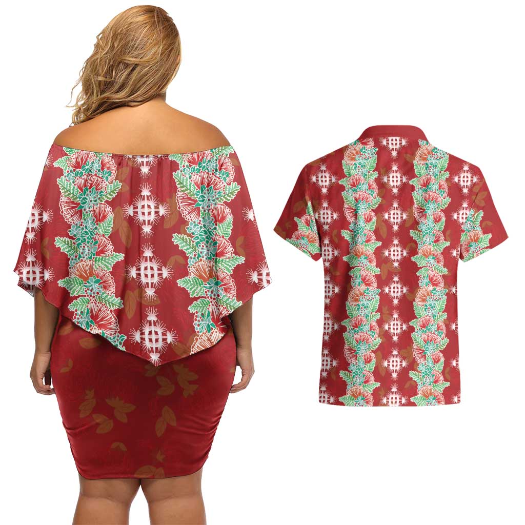 Hawaii Ohia Lehua Couples Matching Off Shoulder Short Dress and Hawaiian Shirt Tropical Vibes Crimson