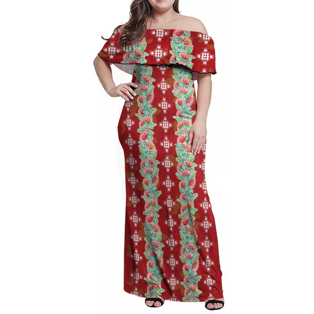 Hawaii Ohia Lehua Family Matching Off Shoulder Maxi Dress and Hawaiian Shirt Tropical Vibes Crimson