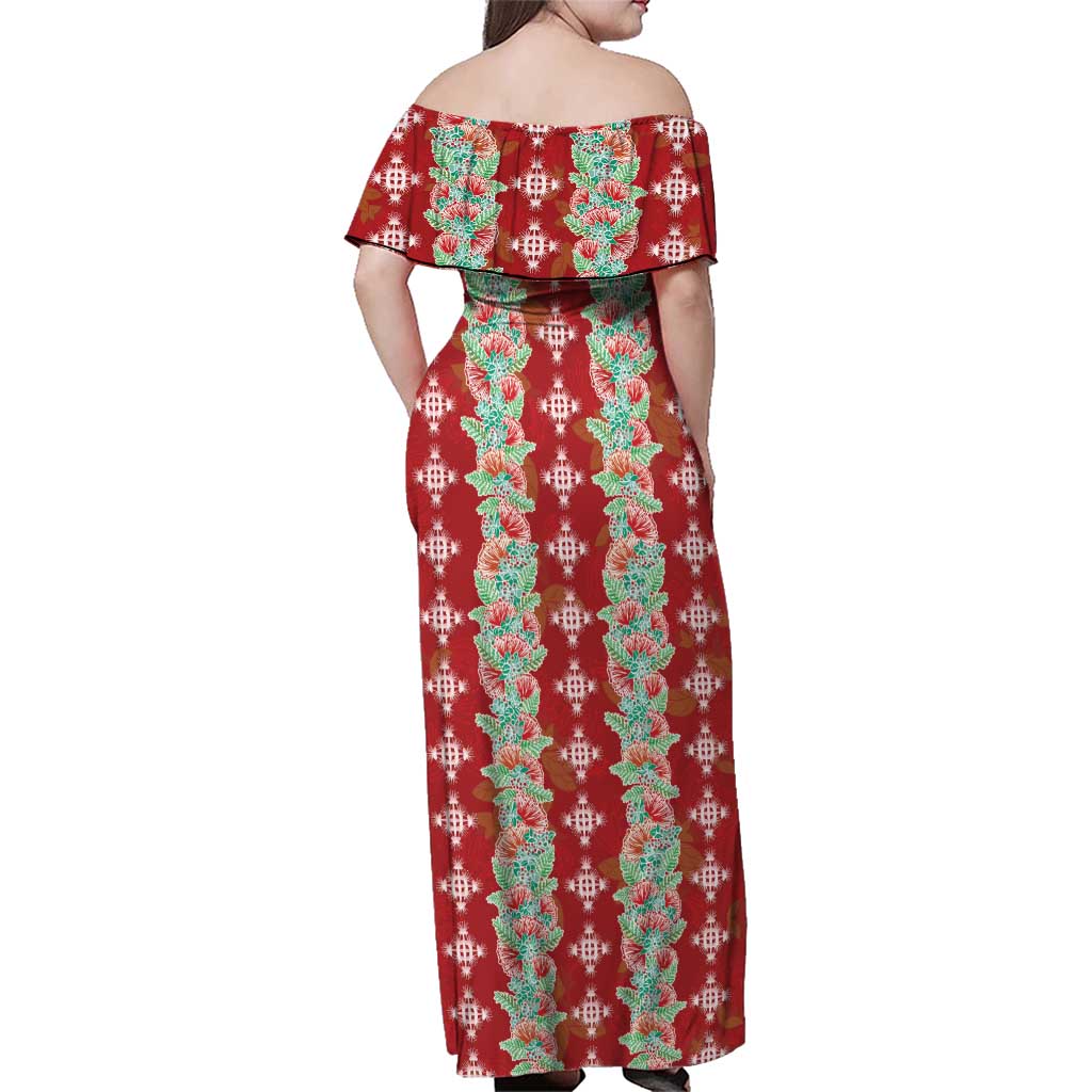 Hawaii Ohia Lehua Family Matching Off Shoulder Maxi Dress and Hawaiian Shirt Tropical Vibes Crimson