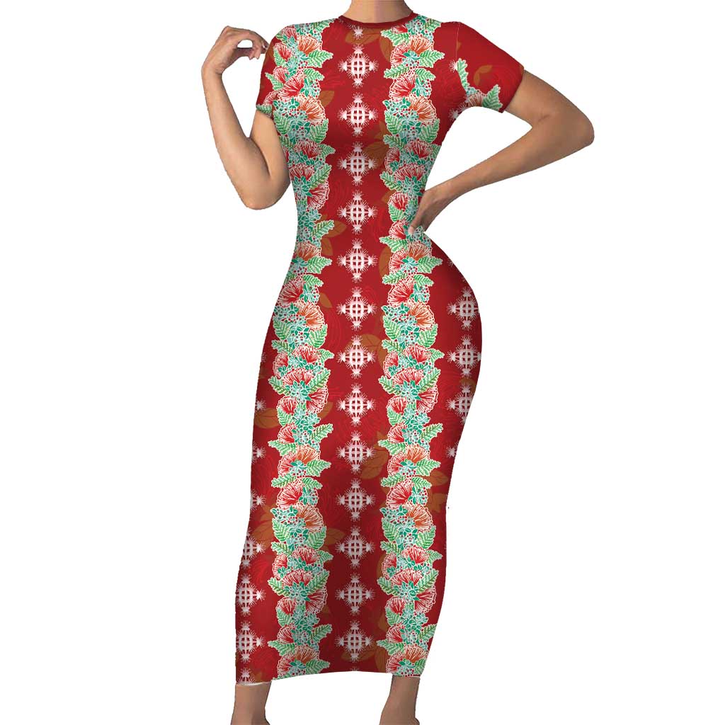Hawaii Ohia Lehua Short Sleeve Bodycon Dress Tropical Vibes Crimson LT05 Long Dress Crimson - Polynesian Pride