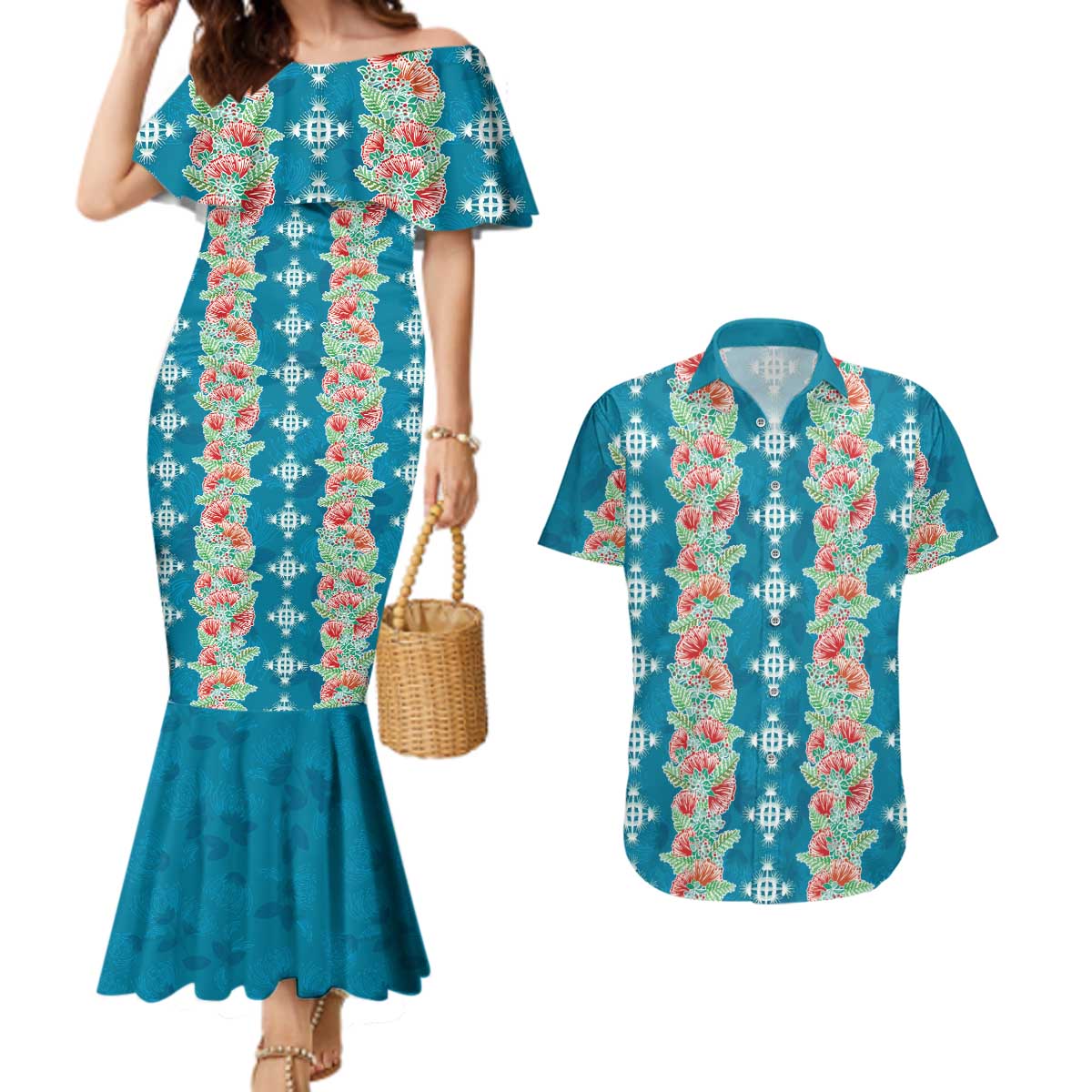 Hawaii Ohia Lehua Couples Matching Mermaid Dress and Hawaiian Shirt Tropical Vibes Teal LT05 Teal - Polynesian Pride