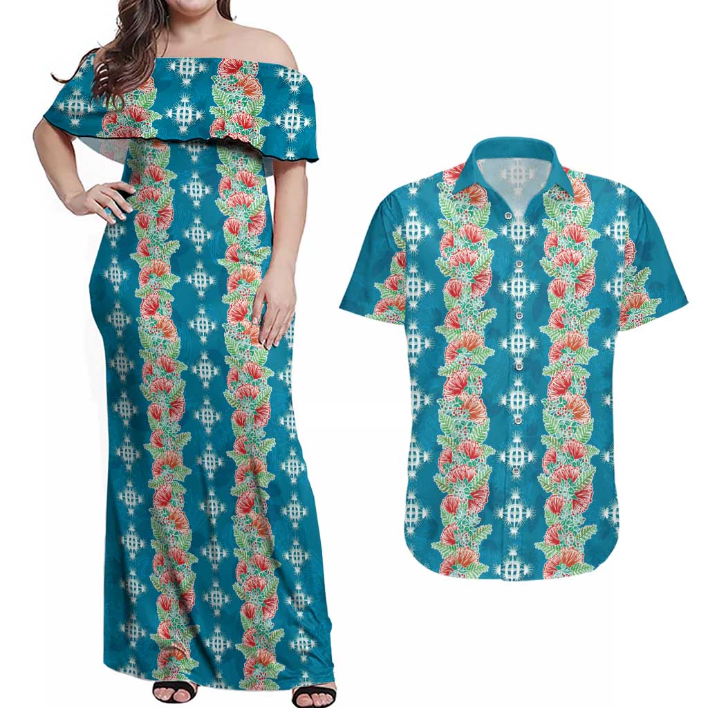 Hawaii Ohia Lehua Couples Matching Off Shoulder Maxi Dress and Hawaiian Shirt Tropical Vibes Teal
