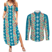 Hawaii Ohia Lehua Couples Matching Summer Maxi Dress and Long Sleeve Button Shirt Tropical Vibes Teal