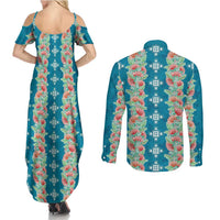 Hawaii Ohia Lehua Couples Matching Summer Maxi Dress and Long Sleeve Button Shirt Tropical Vibes Teal