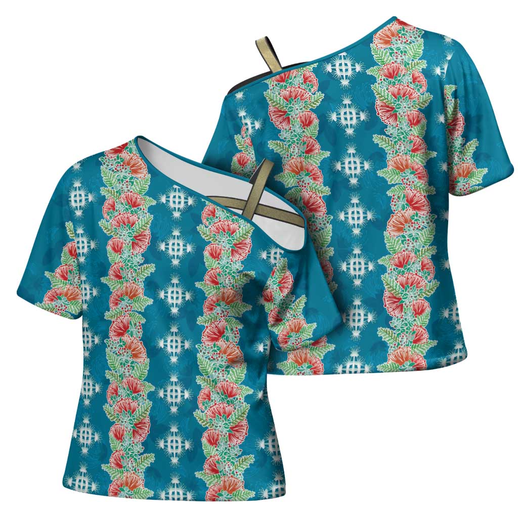 Hawaii Ohia Lehua Cross Shoulder Shirt Tropical Vibes Teal
