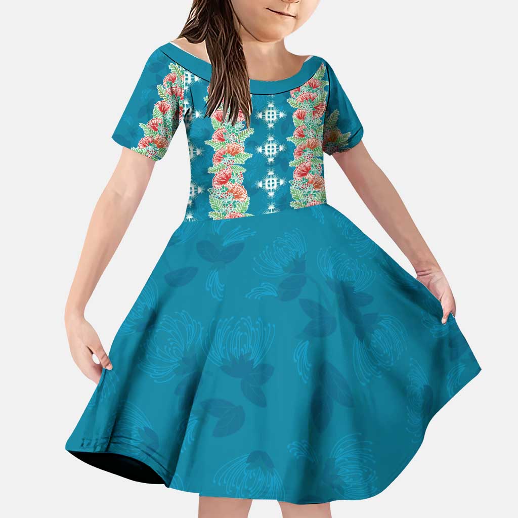 Hawaii Ohia Lehua Family Matching Long Sleeve Bodycon Dress and Hawaiian Shirt Tropical Vibes Teal LT05 Daughter's Dress Teal - Polynesian Pride