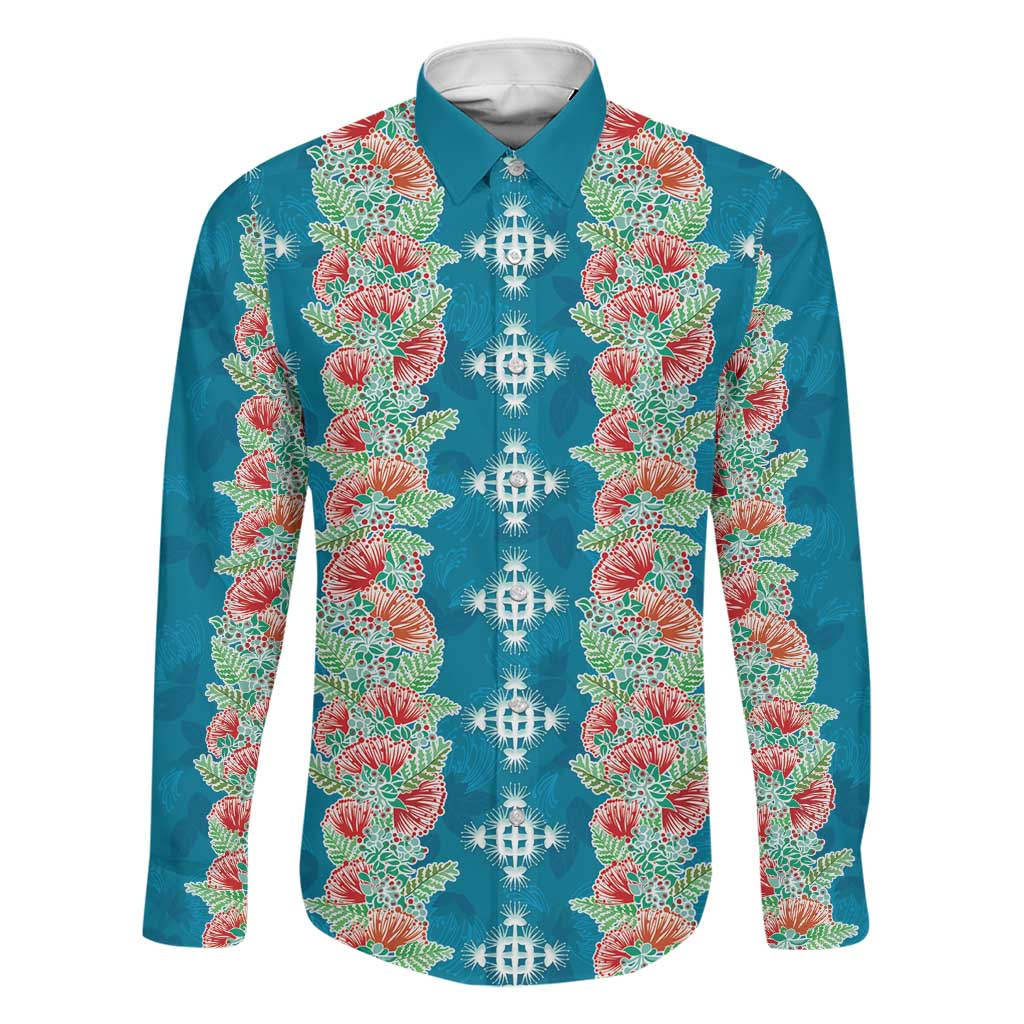 Hawaii Ohia Lehua Family Matching Off Shoulder Short Dress and Hawaiian Shirt Tropical Vibes Teal LT05 Dad's Shirt - Long Sleeve Teal - Polynesian Pride