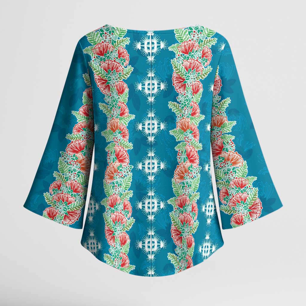 Hawaii Ohia Lehua Kimono Sleeve Blouse Tropical Vibes Teal