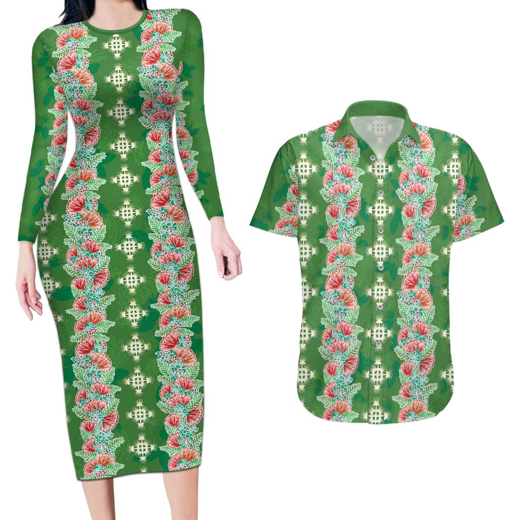 Hawaii Ohia Lehua Couples Matching Long Sleeve Bodycon Dress and Hawaiian Shirt Tropical Vibes Green LT05 Green - Polynesian Pride