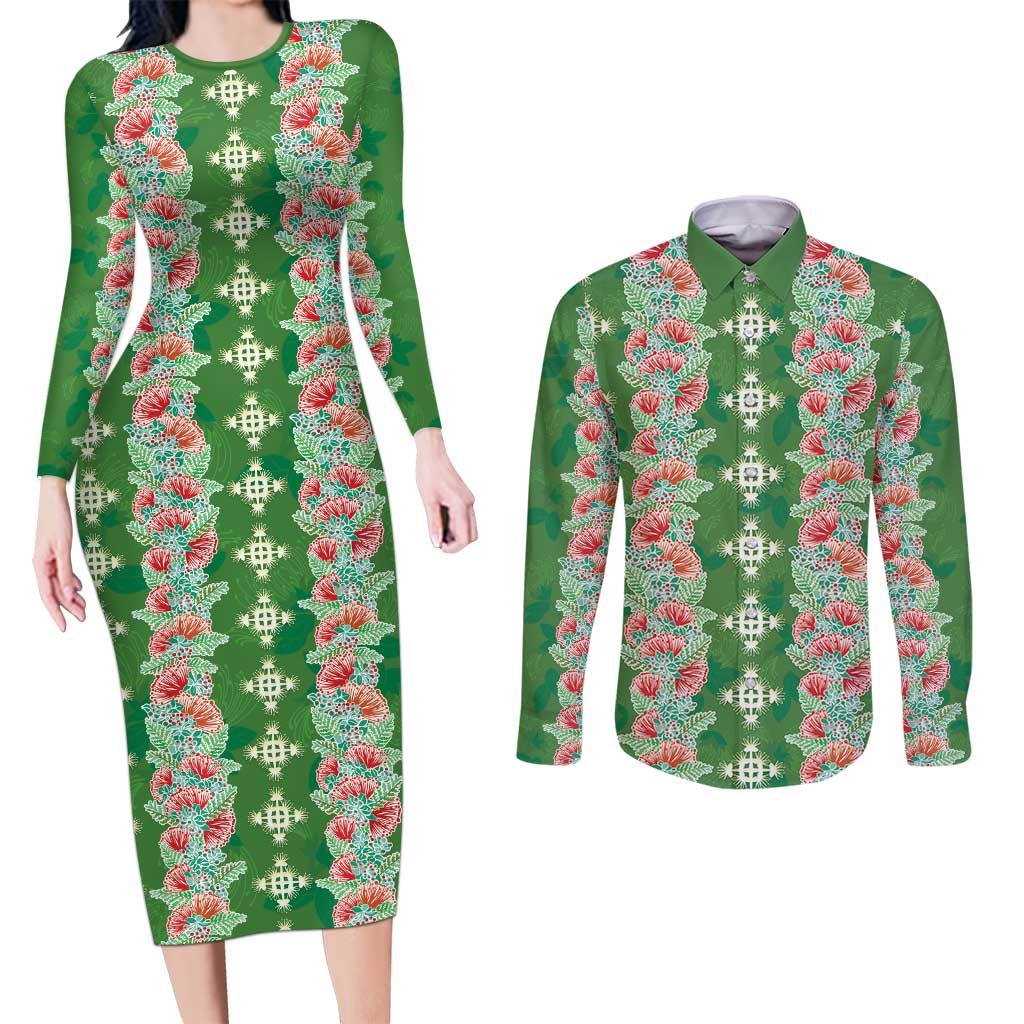 Hawaii Ohia Lehua Couples Matching Long Sleeve Bodycon Dress and Long Sleeve Button Shirt Tropical Vibes Green LT05 Green - Polynesian Pride