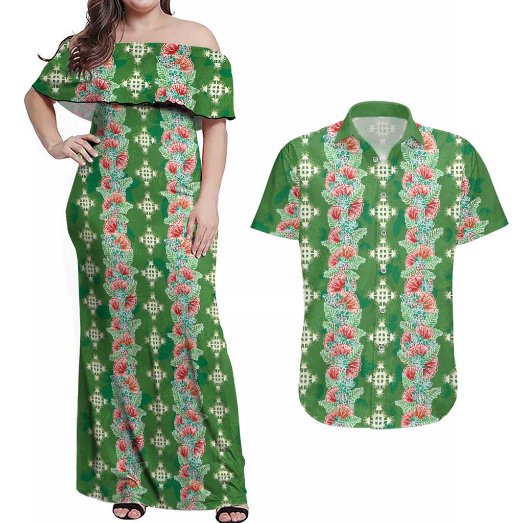 Hawaii Ohia Lehua Couples Matching Off Shoulder Maxi Dress and Hawaiian Shirt Tropical Vibes Green LT05 Green - Polynesian Pride