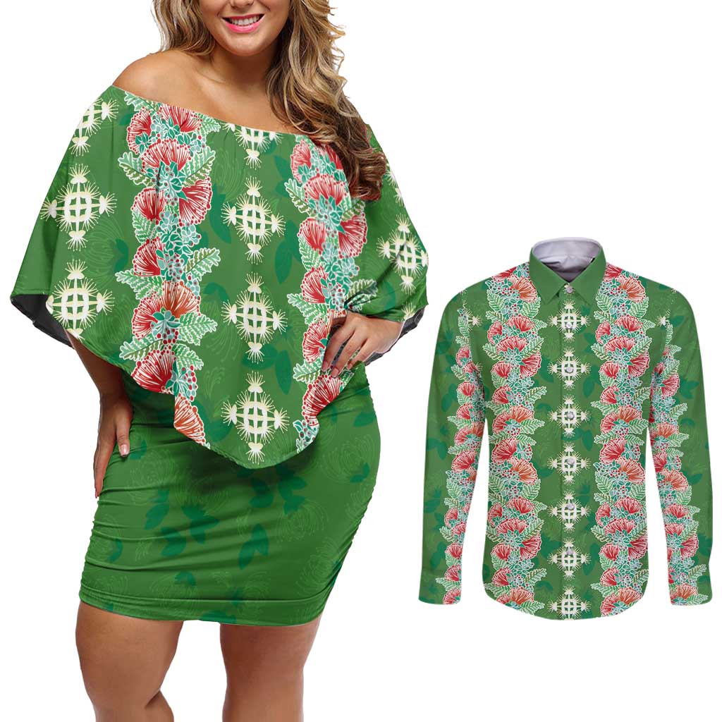 Hawaii Ohia Lehua Couples Matching Off Shoulder Short Dress and Long Sleeve Button Shirt Tropical Vibes Green LT05 Green - Polynesian Pride