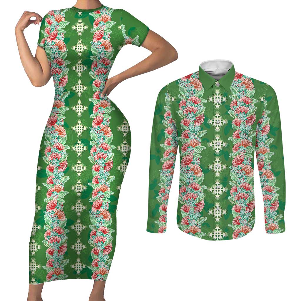 Hawaii Ohia Lehua Couples Matching Short Sleeve Bodycon Dress and Long Sleeve Button Shirt Tropical Vibes Green