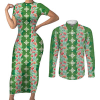 Hawaii Ohia Lehua Couples Matching Short Sleeve Bodycon Dress and Long Sleeve Button Shirt Tropical Vibes Green