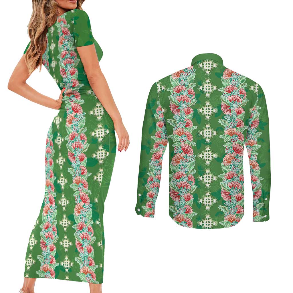 Hawaii Ohia Lehua Couples Matching Short Sleeve Bodycon Dress and Long Sleeve Button Shirt Tropical Vibes Green