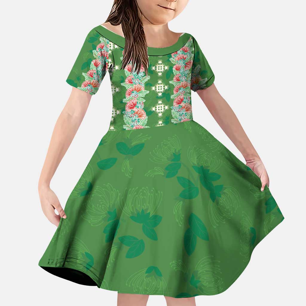 Hawaii Ohia Lehua Family Matching Off The Shoulder Long Sleeve Dress and Hawaiian Shirt Tropical Vibes Green LT05 Daughter's Dress Green - Polynesian Pride