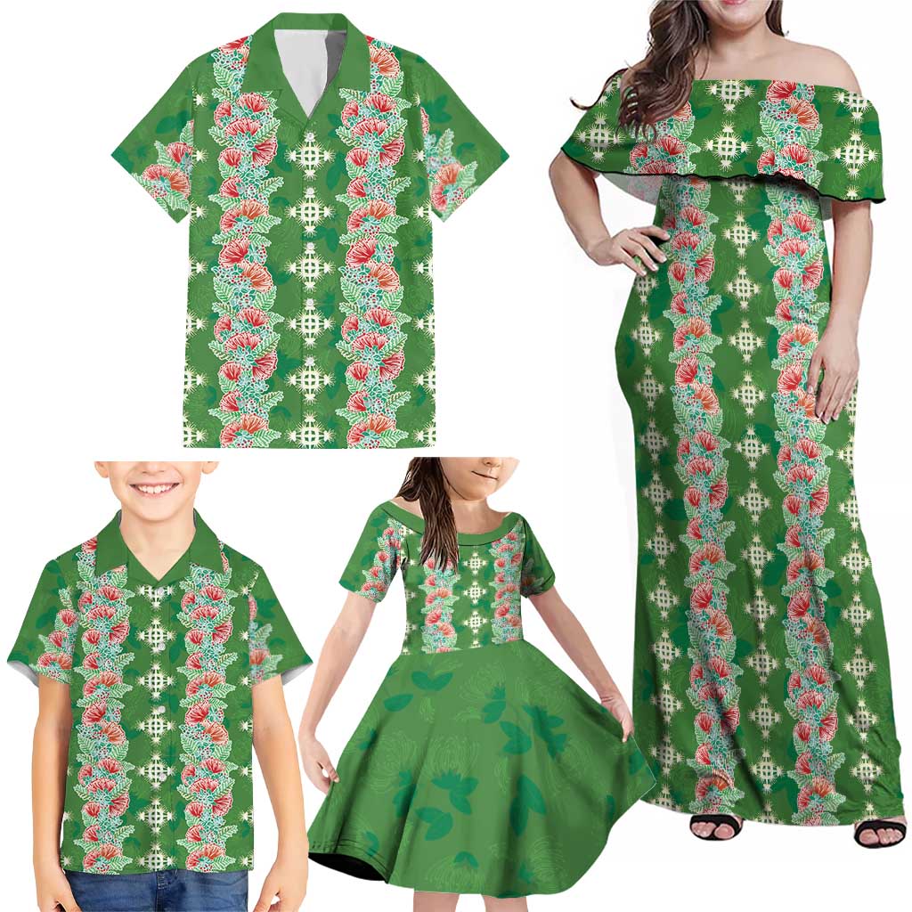 Hawaii Ohia Lehua Family Matching Off Shoulder Maxi Dress and Hawaiian Shirt Tropical Vibes Green LT05 - Polynesian Pride
