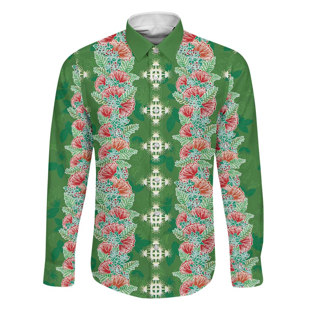 Hawaii Ohia Lehua Family Matching Off Shoulder Maxi Dress and Hawaiian Shirt Tropical Vibes Green LT05 Dad's Shirt - Long Sleeve Green - Polynesian Pride