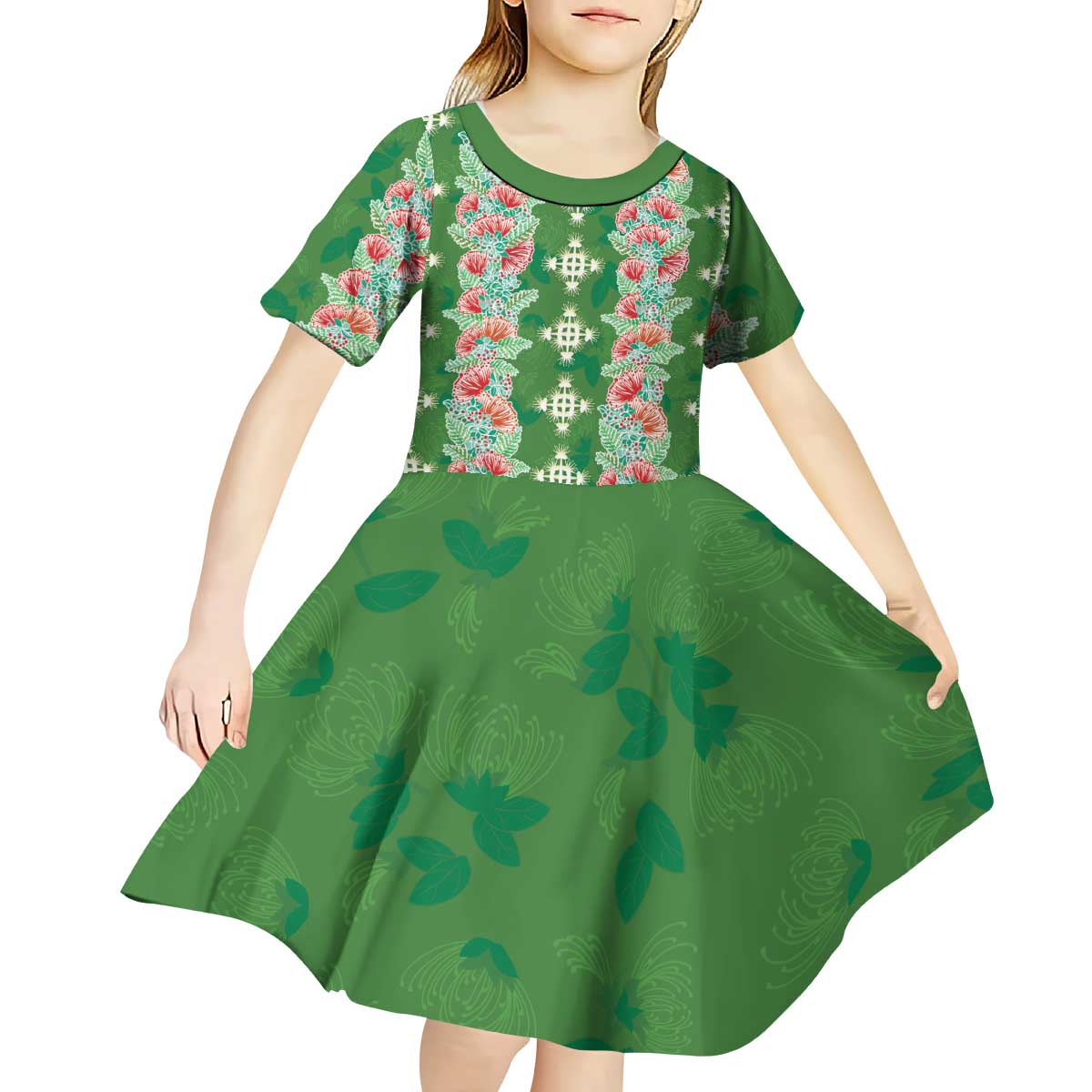 Hawaii Ohia Lehua Kid Short Sleeve Dress Tropical Vibes Green