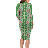 Hawaii Ohia Lehua Long Sleeve Bodycon Dress Tropical Vibes Green