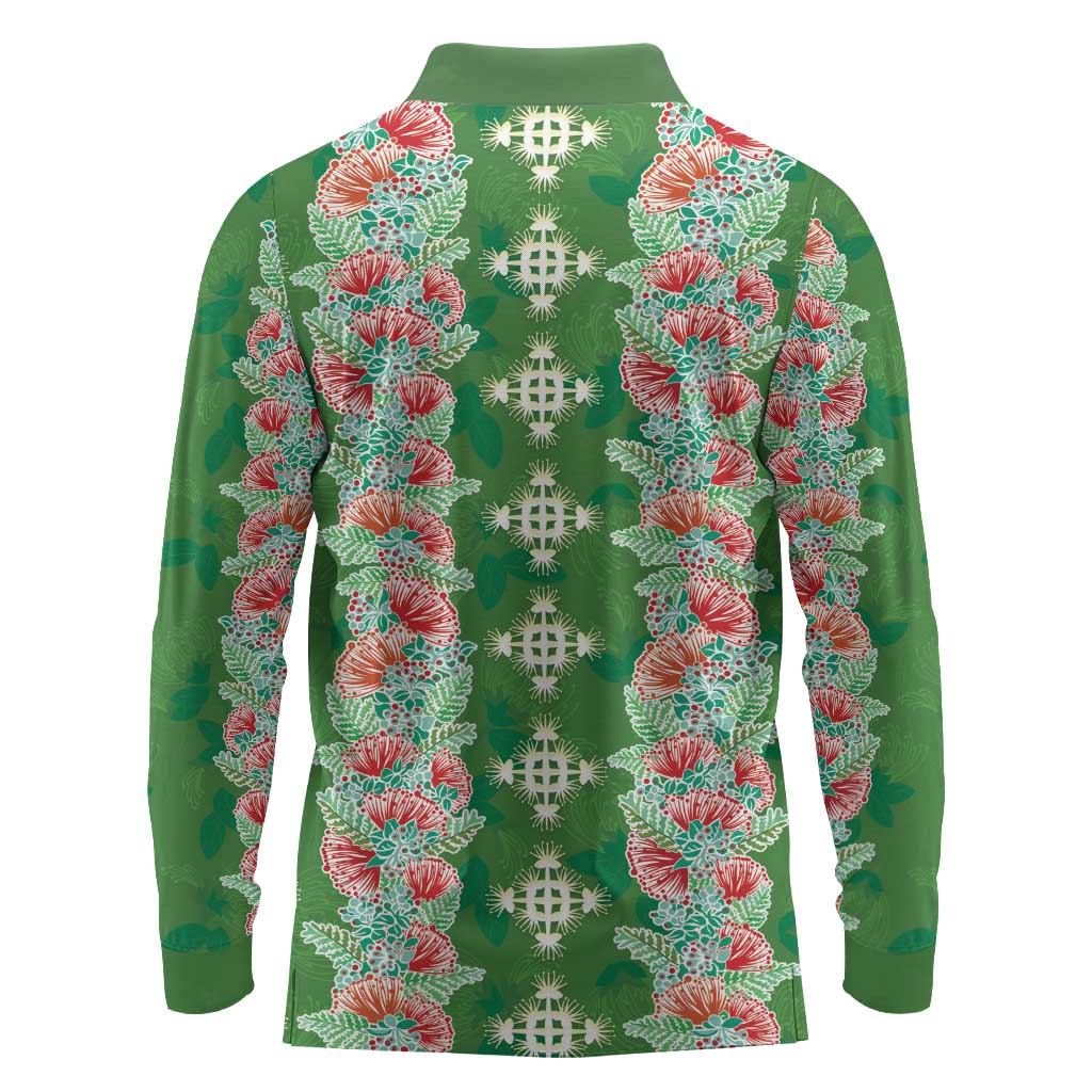 Hawaii Ohia Lehua Long Sleeve Polo Shirt Tropical Vibes Green