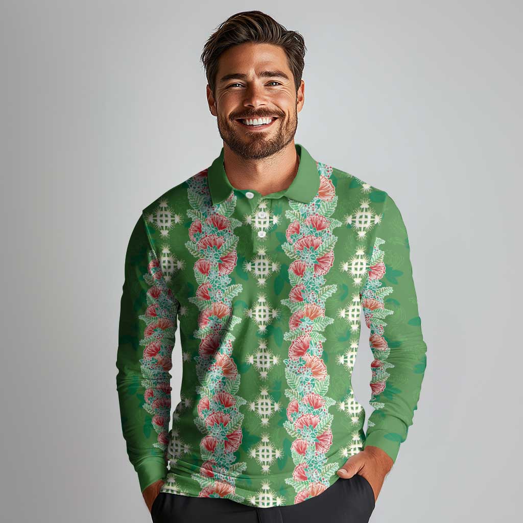 Hawaii Ohia Lehua Long Sleeve Polo Shirt Tropical Vibes Green