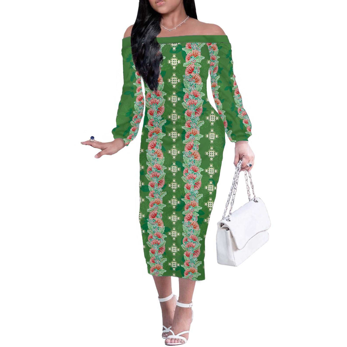 Hawaii Ohia Lehua Off The Shoulder Long Sleeve Dress Tropical Vibes Green LT05 Women Green - Polynesian Pride