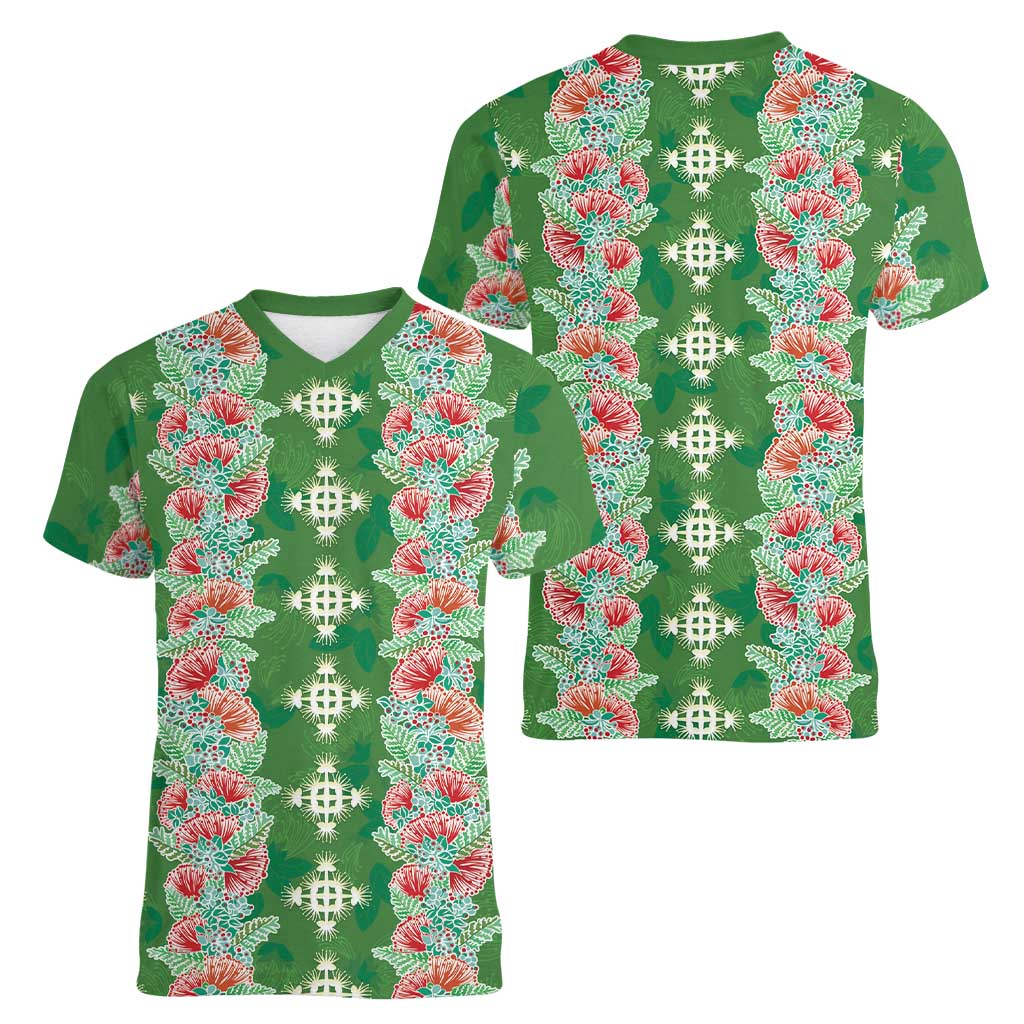 Hawaii Ohia Lehua Women V-Neck T-Shirt Tropical Vibes Green LT05 - Polynesian Pride