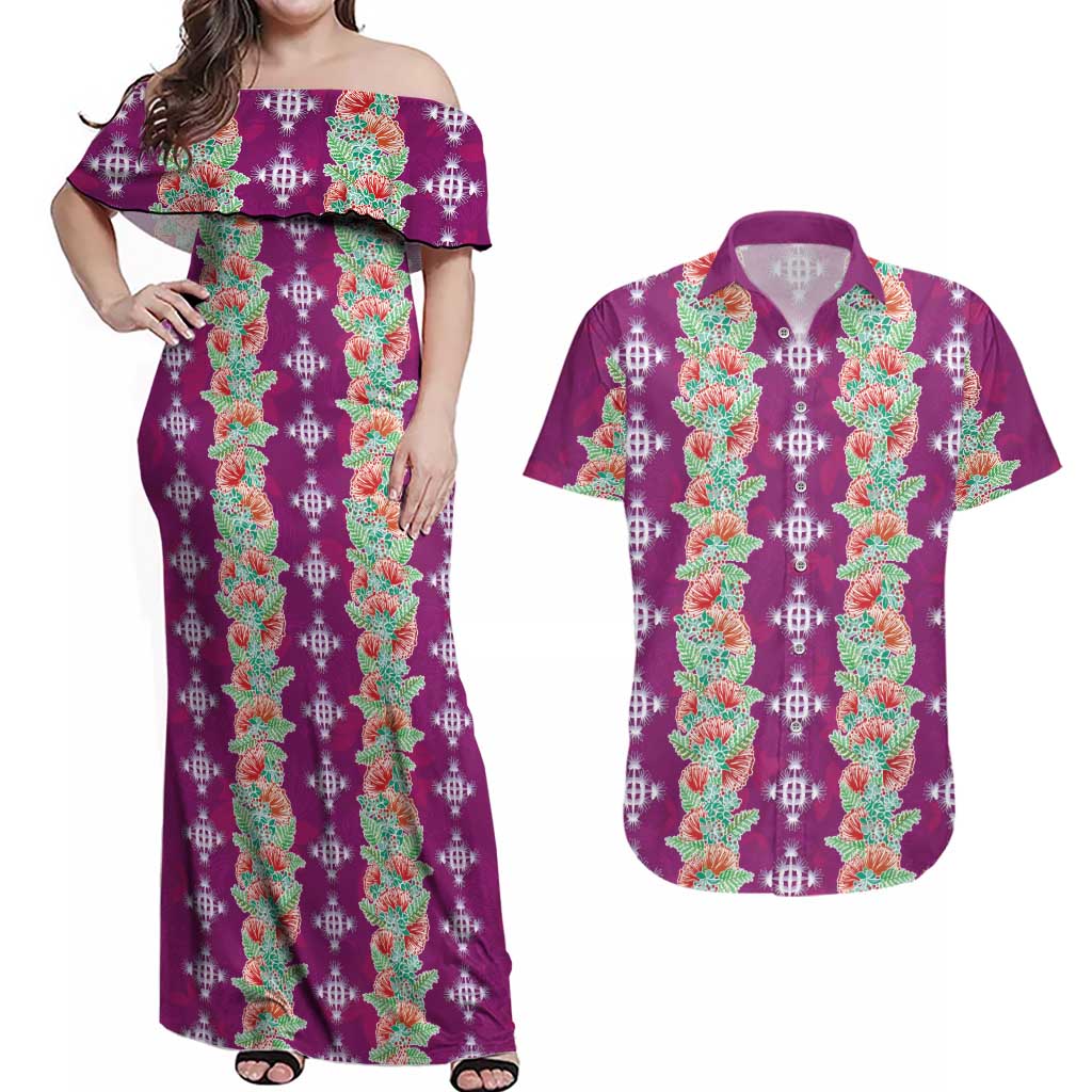 Hawaii Ohia Lehua Couples Matching Off Shoulder Maxi Dress and Hawaiian Shirt Tropical Vibes Fuchsia