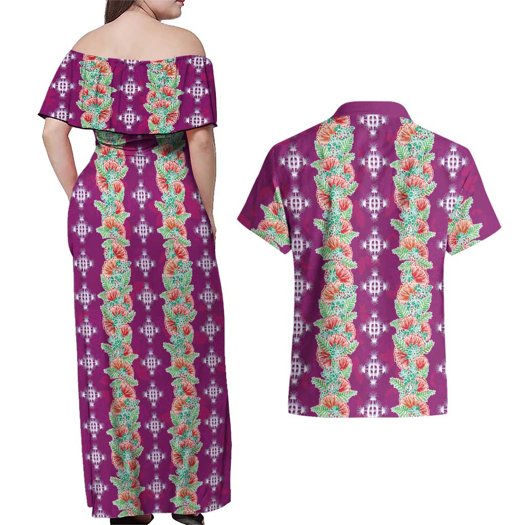 Hawaii Ohia Lehua Couples Matching Off Shoulder Maxi Dress and Hawaiian Shirt Tropical Vibes Fuchsia