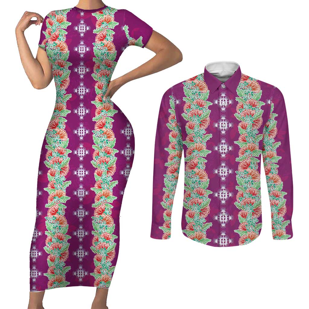 Hawaii Ohia Lehua Couples Matching Short Sleeve Bodycon Dress and Long Sleeve Button Shirt Tropical Vibes Fuchsia LT05 Fuchsia - Polynesian Pride