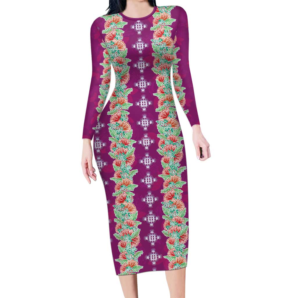 Hawaii Ohia Lehua Long Sleeve Bodycon Dress Tropical Vibes Fuchsia LT05 Long Dress Fuchsia - Polynesian Pride
