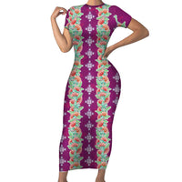 Hawaii Ohia Lehua Short Sleeve Bodycon Dress Tropical Vibes Fuchsia LT05 Long Dress Fuchsia - Polynesian Pride