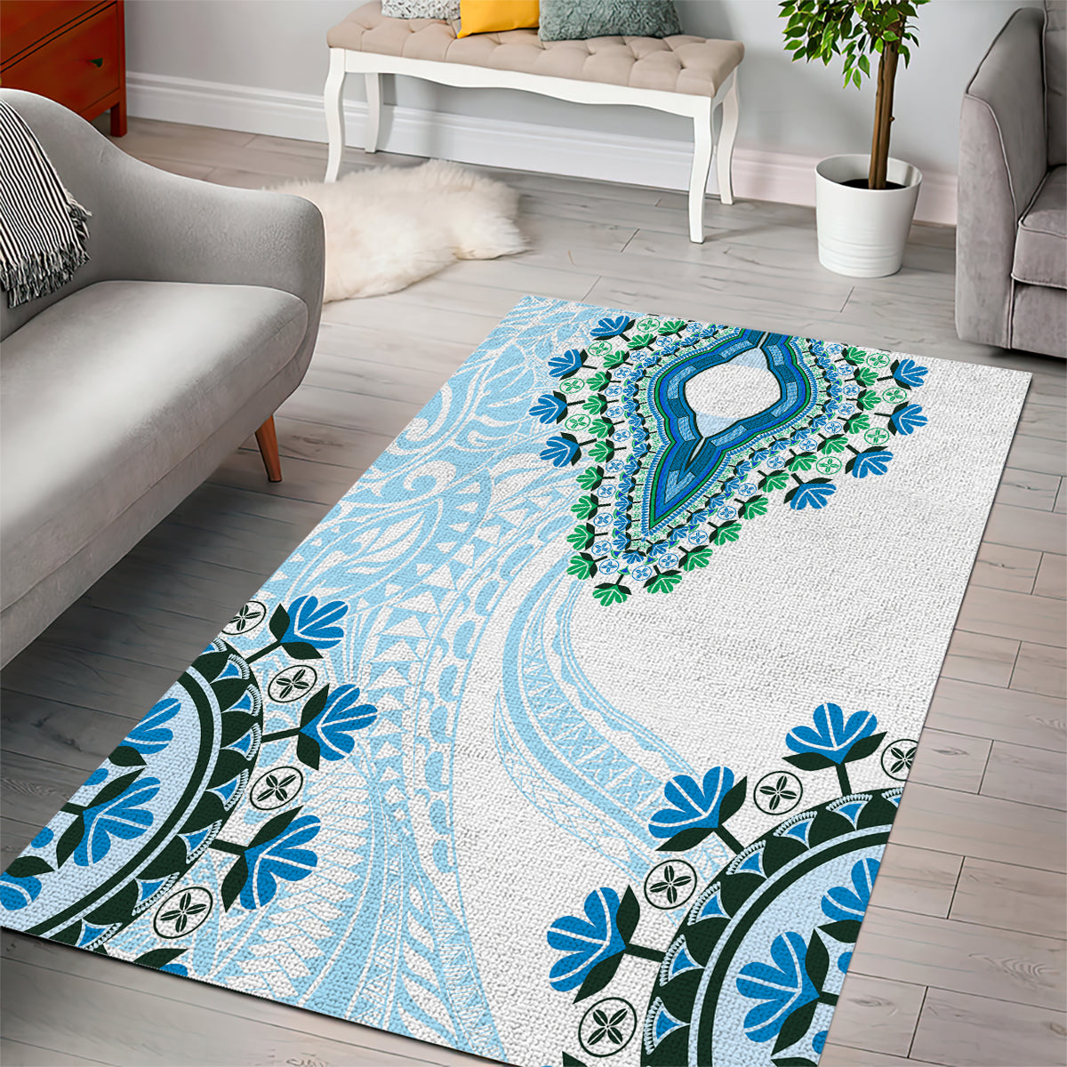 Africa Dashiki Area Rug With Polynesian Pattern Blue Version