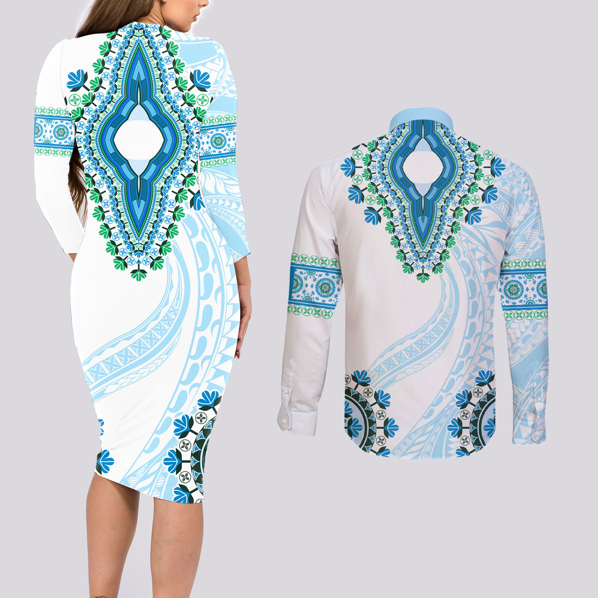 Africa Dashiki Couples Matching Long Sleeve Bodycon Dress and Long Sleeve Button Shirt With Polynesian Pattern Blue Version LT05 - Polynesian Pride