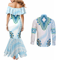 Africa Dashiki Couples Matching Mermaid Dress and Long Sleeve Button Shirt With Polynesian Pattern Blue Version LT05 - Polynesian Pride