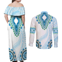 Africa Dashiki Couples Matching Off Shoulder Maxi Dress and Long Sleeve Button Shirt With Polynesian Pattern Blue Version LT05 - Polynesian Pride