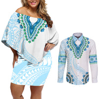 Africa Dashiki Couples Matching Off Shoulder Short Dress and Long Sleeve Button Shirt With Polynesian Pattern Blue Version LT05 Blue - Polynesian Pride