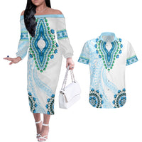 Africa Dashiki Couples Matching Off The Shoulder Long Sleeve Dress and Hawaiian Shirt With Polynesian Pattern Blue Version LT05 Blue - Polynesian Pride