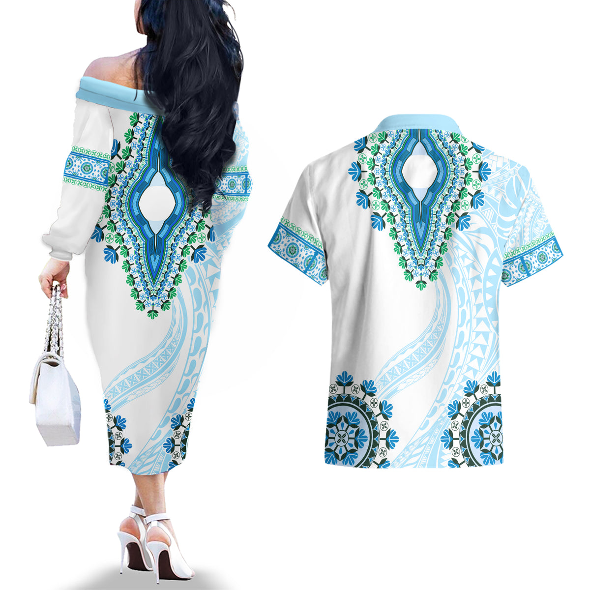 Africa Dashiki Couples Matching Off The Shoulder Long Sleeve Dress and Hawaiian Shirt With Polynesian Pattern Blue Version LT05 - Polynesian Pride