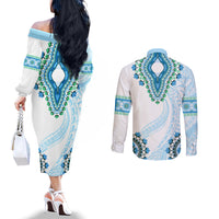 Africa Dashiki Couples Matching Off The Shoulder Long Sleeve Dress and Long Sleeve Button Shirt With Polynesian Pattern Blue Version LT05 - Polynesian Pride