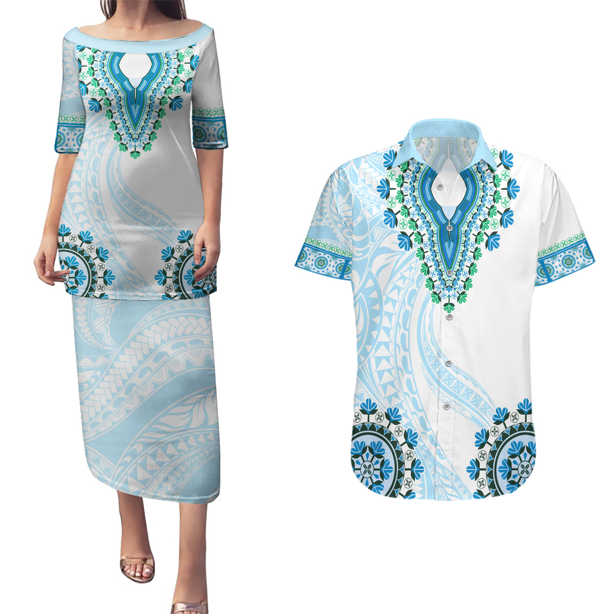 Africa Dashiki Couples Matching Puletasi and Hawaiian Shirt With Polynesian Pattern Blue Version LT05 Blue - Polynesian Pride