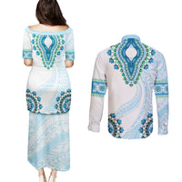 Africa Dashiki Couples Matching Puletasi and Long Sleeve Button Shirt With Polynesian Pattern Blue Version LT05 - Polynesian Pride