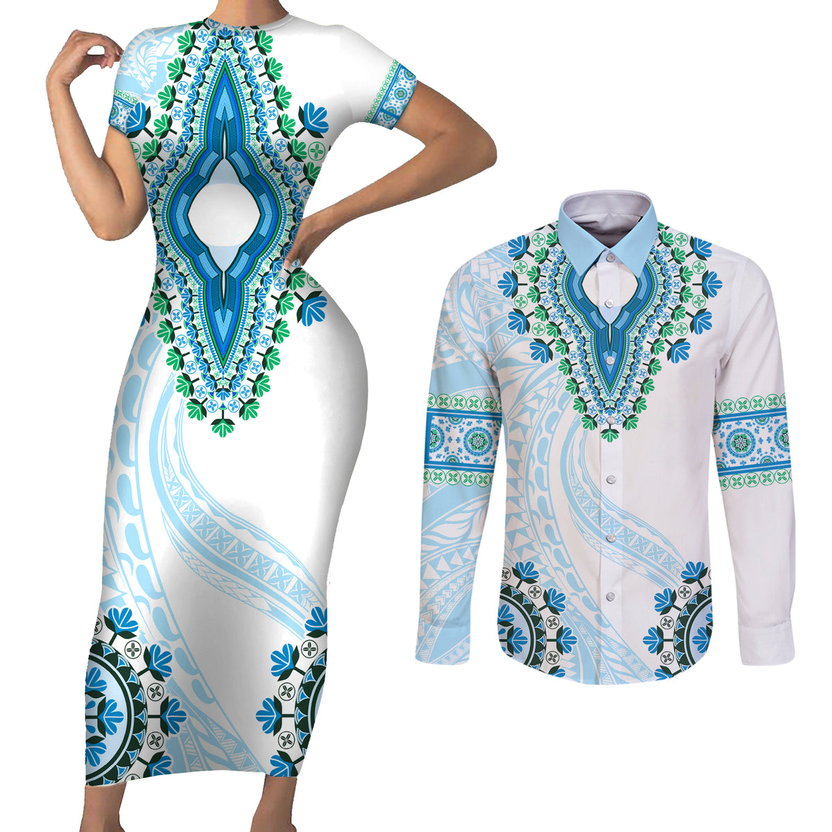 Africa Dashiki Couples Matching Short Sleeve Bodycon Dress and Long Sleeve Button Shirt With Polynesian Pattern Blue Version LT05 Blue - Polynesian Pride