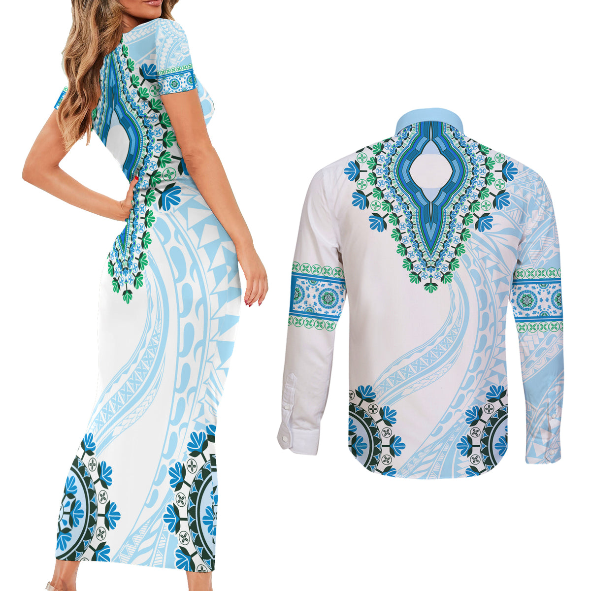 Africa Dashiki Couples Matching Short Sleeve Bodycon Dress and Long Sleeve Button Shirt With Polynesian Pattern Blue Version LT05 - Polynesian Pride
