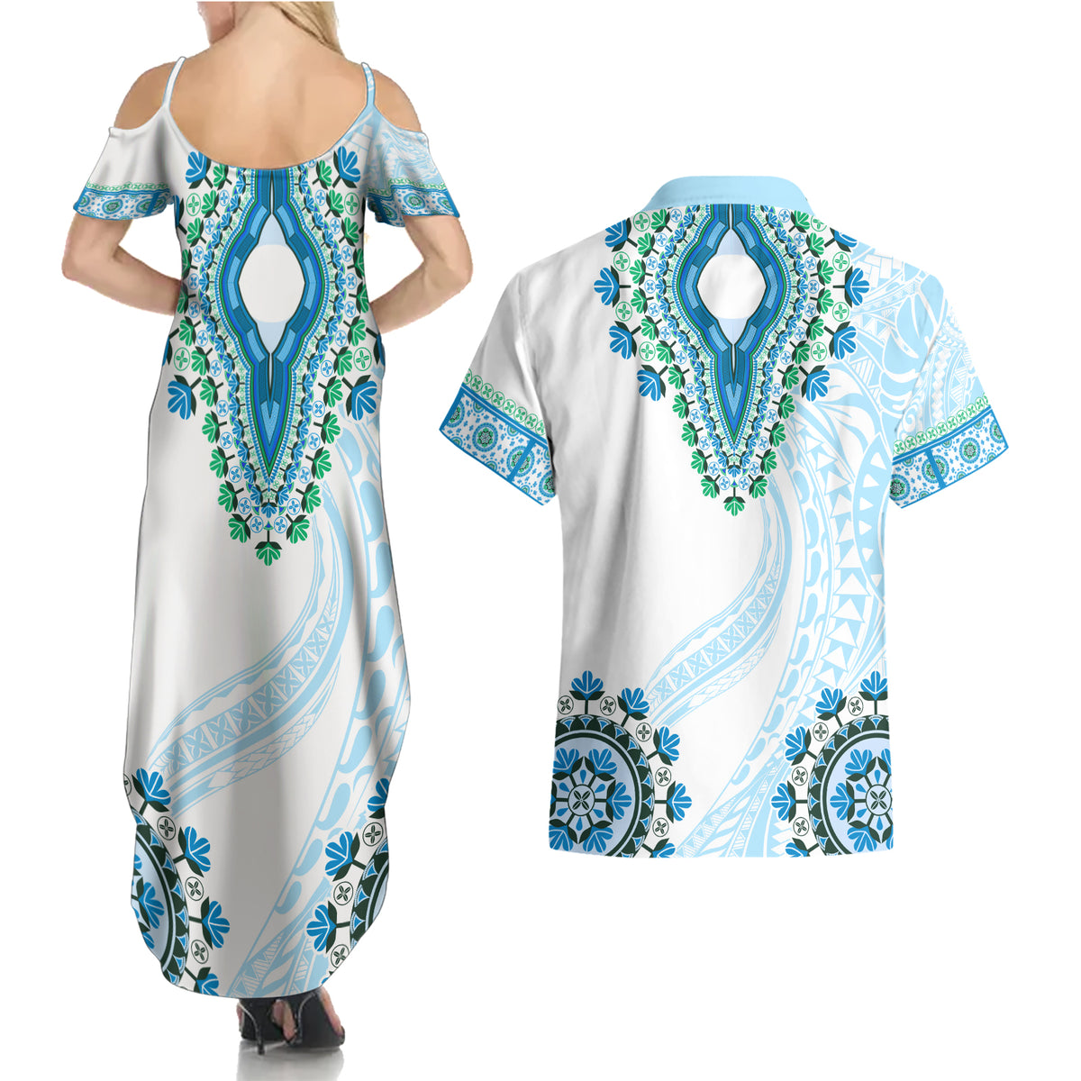 Africa Dashiki Couples Matching Summer Maxi Dress and Hawaiian Shirt With Polynesian Pattern Blue Version LT05 - Polynesian Pride