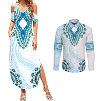 Africa Dashiki Couples Matching Summer Maxi Dress and Long Sleeve Button Shirt With Polynesian Pattern Blue Version LT05 Blue - Polynesian Pride